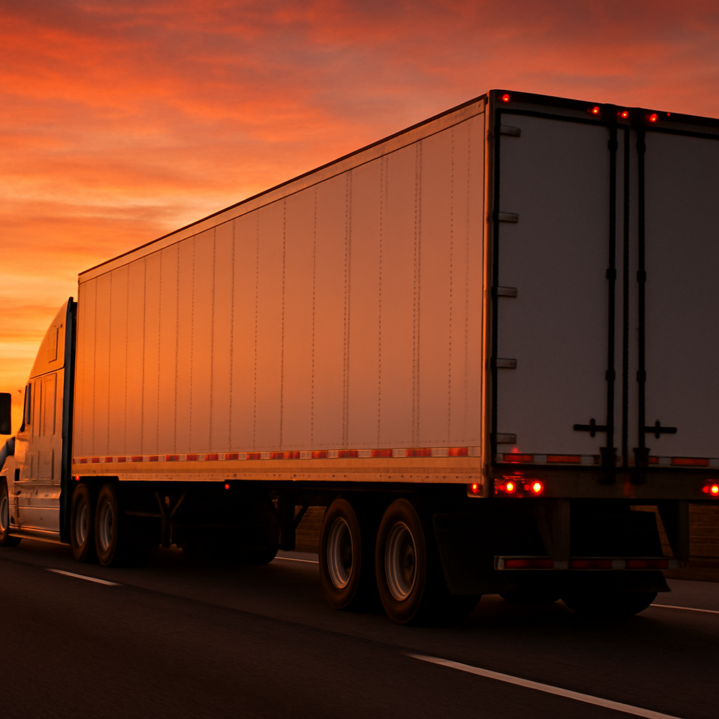 A semi truck driving on the highway at sunset