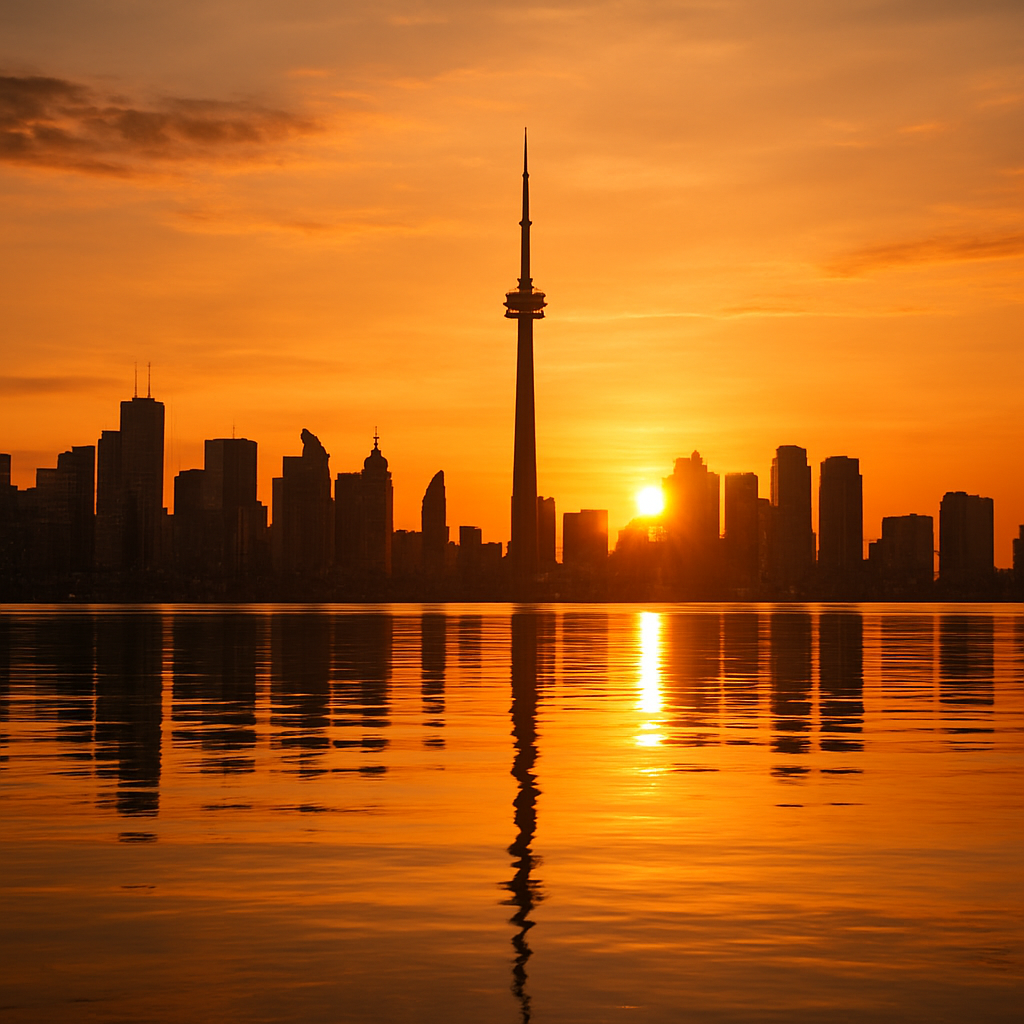 Toronto skyline at sunset over Lake Ontario